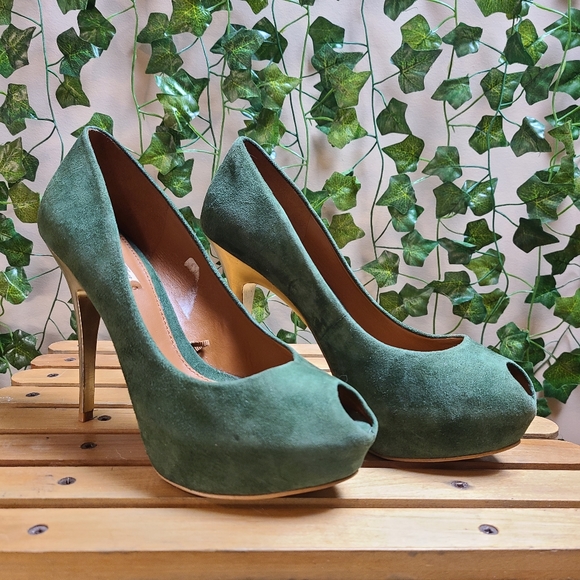 Zara Women's Faux Suede Green Gold Platform Evening Peep Toe Heel - Picture 8 of 16